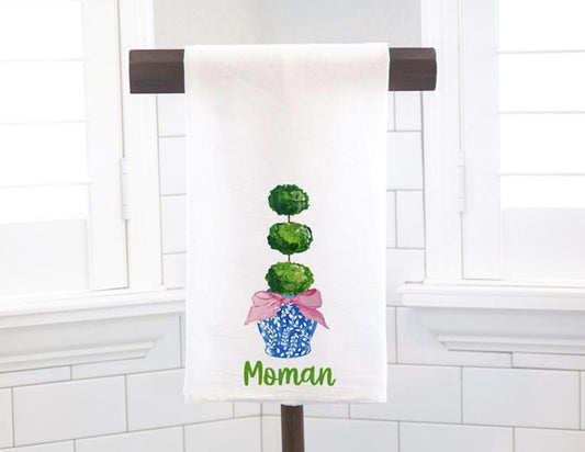 Personalized Chinoiserie Triple Topiary Tea Towel, Kitchen Towel