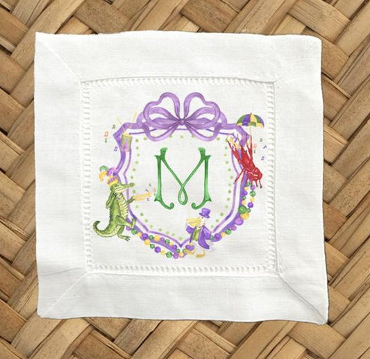 Personalized Mardi Gras Crest Linen Cocktail Napkins -  6 x 6 Inch Cloth Hemstitch Fabric Napkins - Set of 4
