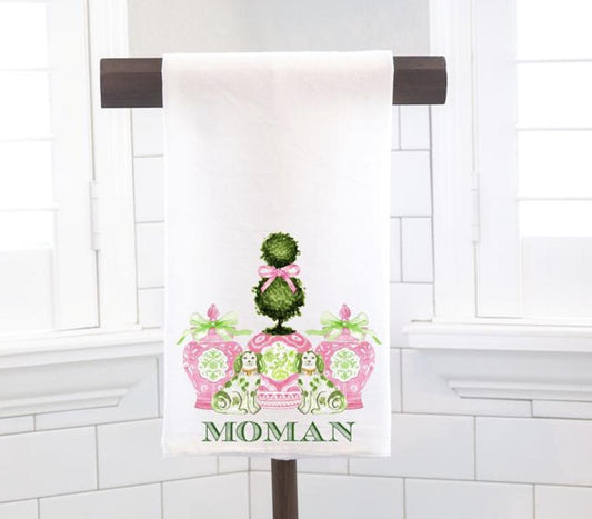 Personalized Chinoiserie Topiary Staffordshire Flour Sack Tea Towel - Hostess Gift - Housewarming Gift