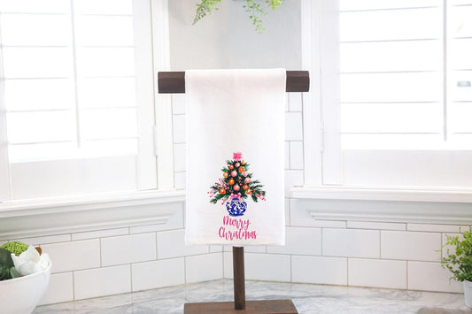 Merry Christmas Chinoiserie Tree Flour Sack Tea Towel - Hostess Gift - Housewarming Gift