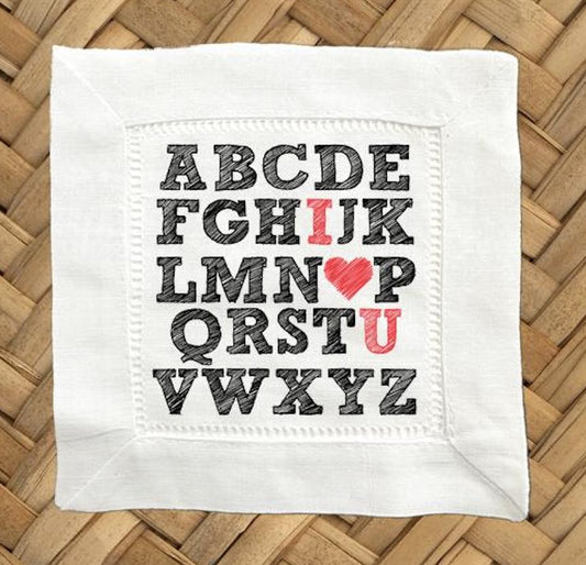 Valentine Alphabet Linen Cocktail Napkins - Hemstitch Fabric, Set of 4