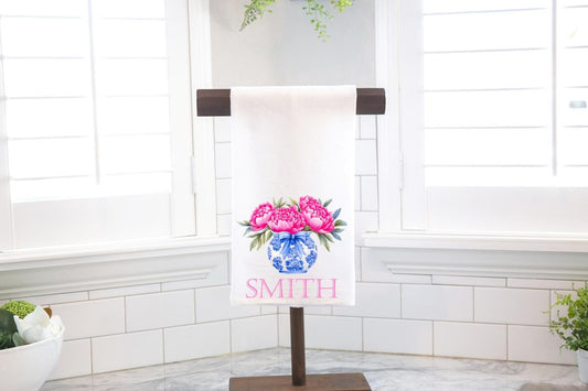 Personalized Chinoiserie Peonies Flour Sack Tea Towel - Hostess Gift - Housewarming Gift - Custom