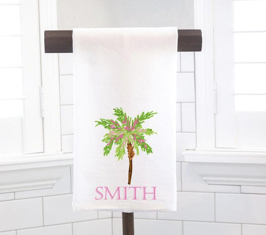 Personalized Pink and Green Palm Tree, Flour Sack Tea Towel - Hostess Gift