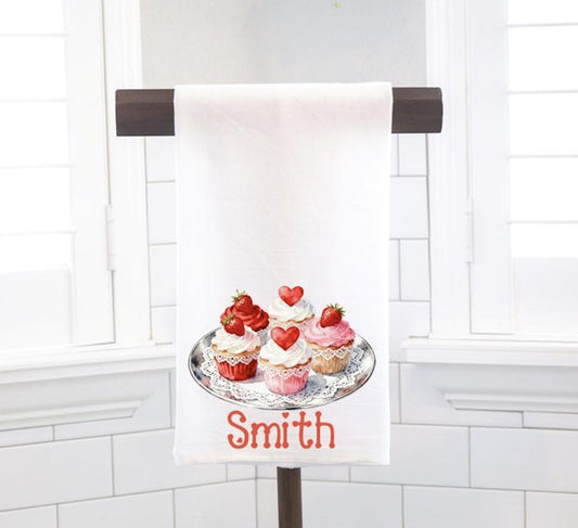 Personalized Valentine Heart Cupcakes Flour Sack Tea Towel - Hostess Gift - Housewarming Gift - Valentines Day