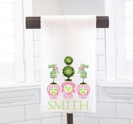 Personalized Chinoiserie Pink Spring Easter Topiary Flour Sack Tea Towel - Hostess Gift - Housewarming Gift - Custom