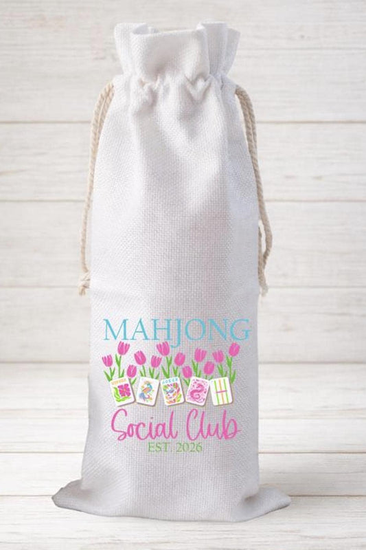 Mahjong Social Club Tulips, Wine Bottle Gift Bag – Reusable Drawstring Canvas Bag