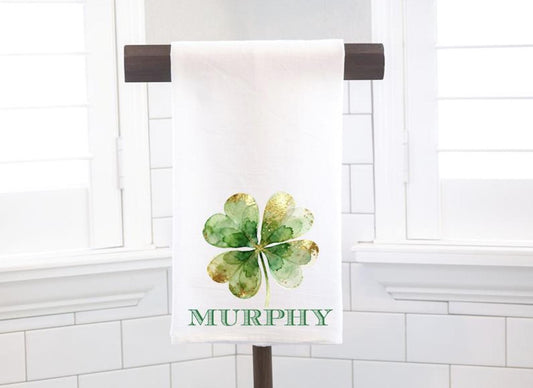 Four Leaf Clover, St. Patrick's Day Flour Sack Tea Towel - Hostess Gift - Housewarming Gift - Personalized