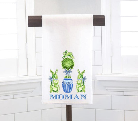 Personalized Blue Chinoiserie Easter Bunny Rabbits Topiary Tea Towel, Kitchen Towel