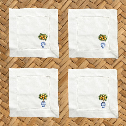 Chinoiserie Orange Tree Linen Cocktail Napkins - Hemstitch Set of 4