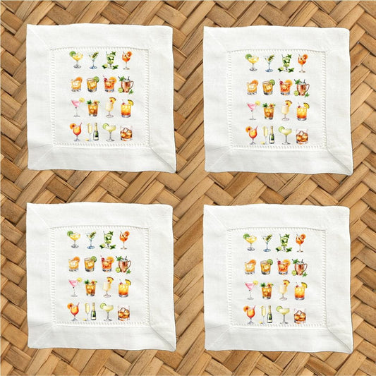 Linen Cocktail Napkins - Hemstitch Mixed Drinks, Set of 4