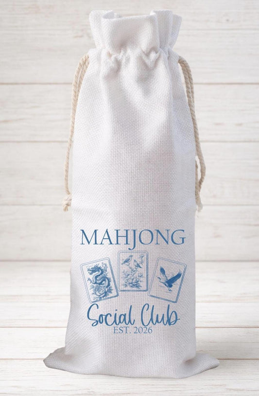 Mahjong Social Club Chinoiserie, Wine Bottle Gift Bag – Reusable Drawstring Canvas Bag