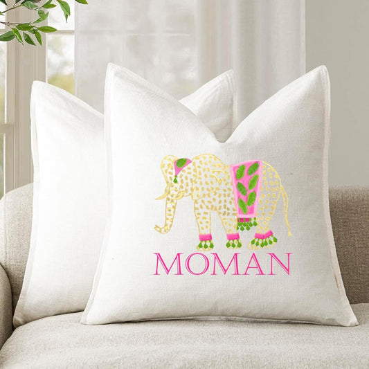 Personalized Elephant Linen Pillow Cover, Custom Name, 22" Square