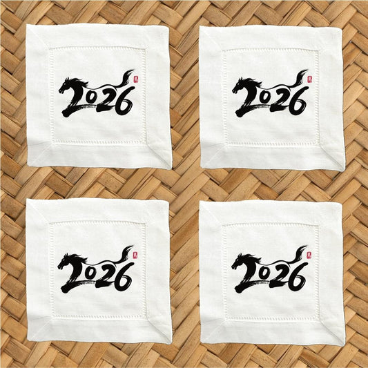 Year of the Horse Linen Cocktail Napkins - Hemstitch Set of 4