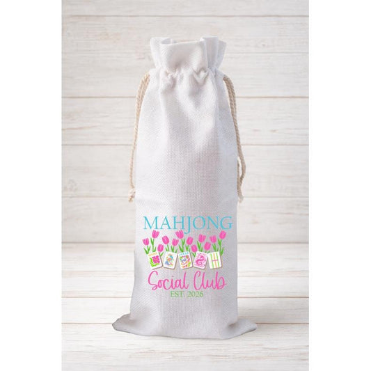 Mahjong Social Club Tulips, Wine Bottle Gift Bag – Reusable Drawstring Canvas Bag