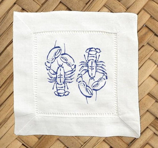 Hostess Gift Linen Cocktail Napkins - Navy Lobster Print - Set of 4
