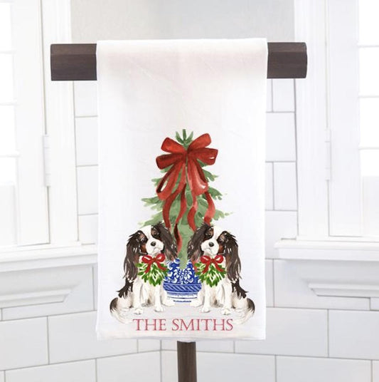 Personalized Cavalier King Charles Flour Sack Towel, Chinoiserie Christmas Tree