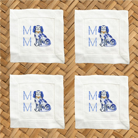 Blue Bamboo Dog Cocktail Napkins – Linen Hemstitch Bar Cart Set