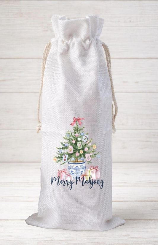 Merry Mahjong, Wine Bottle Gift Bag – Reusable Drawstring Canvas Bag