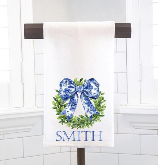 Personalized Chinoiserie Wreath Flour Sack Tea Towel - Hostess Gift - Housewarming Gift - Custom