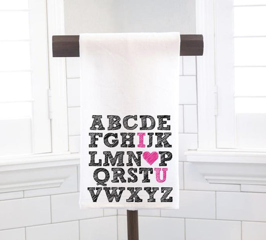 Alphabet I Love You Hot Pink Flour Sack Tea Towel - Hostess Gift - Housewarming Gift - Valentines Day