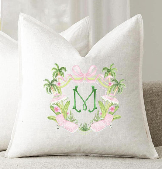 Personalized Linen Pillow Cover, Chinoiserie Palm Beach Crest, Wedding Gift