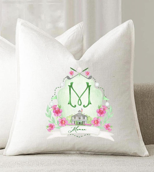 Personalized Golf Crest Linen Pillow Cover, Augusta Style, 22" Square