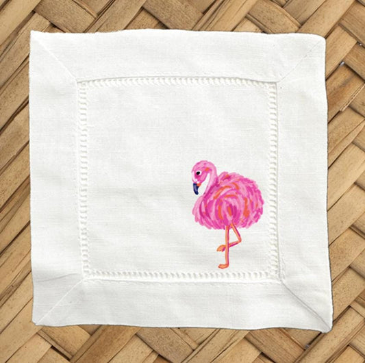 Flamingo Linen Cocktail Napkins - Hemstitch Fabric, Set of 4