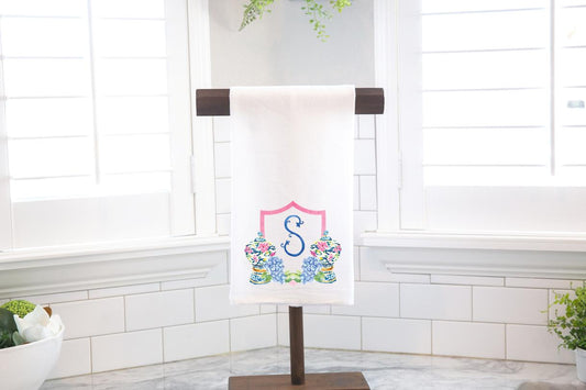 Personalized Custom Hydrangea Chinoiserie Wedding Crest, Palm Beach Flour Sack Tea Towel - Preppy Gift