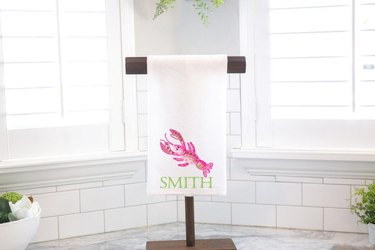 Personalized Custom Pink Green Lobster Flour Sack Tea Towel - Preppy Gift