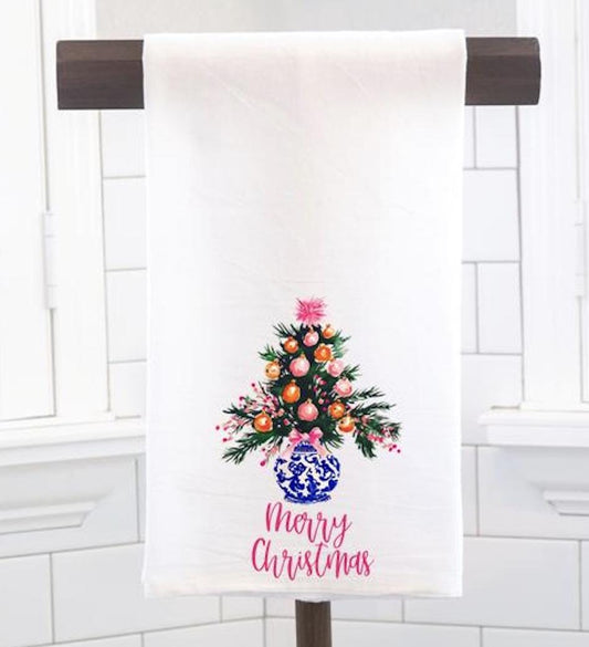 Merry Christmas Chinoiserie Tree Flour Sack Tea Towel - Hostess Gift - Housewarming Gift