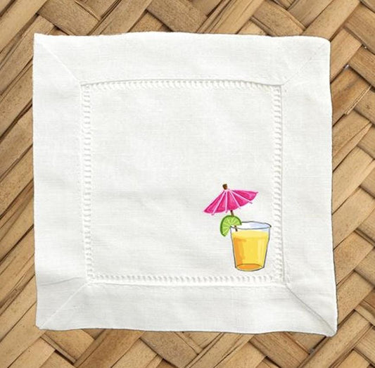 Tropical Drink Linen Cocktail Napkins - Hemstitch Fabric, Set of 4