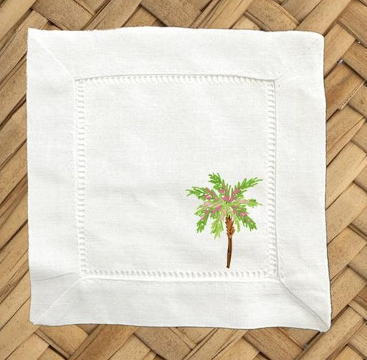 Pink Palm Linen Cocktail Napkins - Hemstitch Fabric, Set of 4