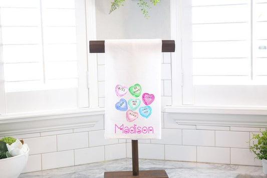 Candy Hearts Flour Sack Tea Towel - Hostess Gift - Housewarming Gift - Valentines Day