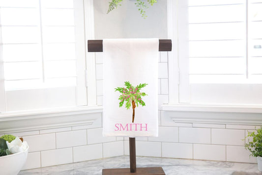 Personalized Pink and Green Palm Tree, Flour Sack Tea Towel - Hostess Gift