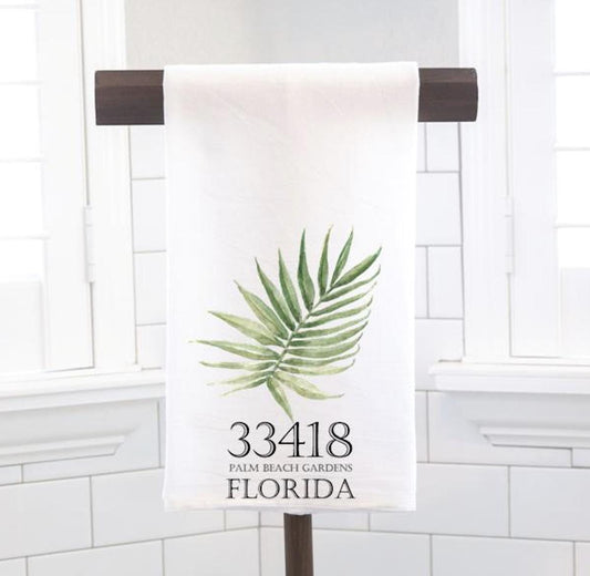 Personalized Palm Leaf Zip Code Flour Sack Tea Towel - Hostess Gift - Housewarming Gift -