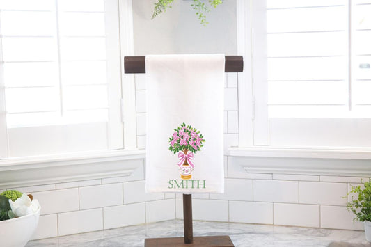 Personalized Pink Chinoiserie Flowers Topiary Tea Towel, Kitchen Towel