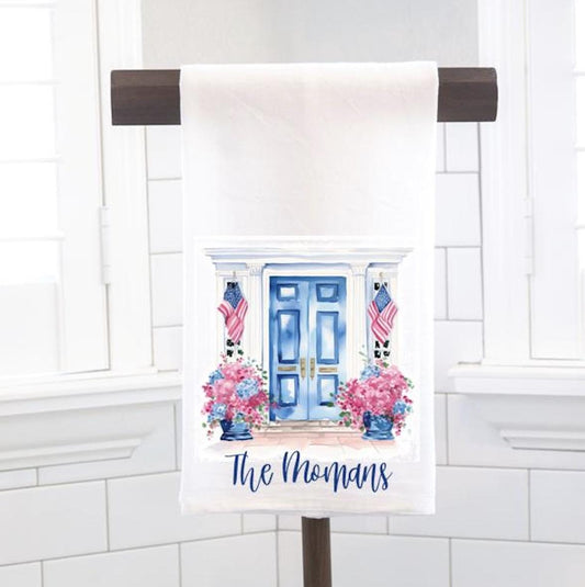 Personalized Patriotic Front Porch Flour Sack Tea Towel- Hostess Gift - Housewarming Gift - July 4th