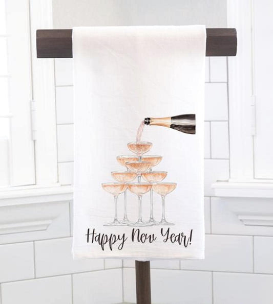 Happy New Year Champagne Flour Sack Tea Towel - Hostess Gift - Housewarming Gift - Preppy