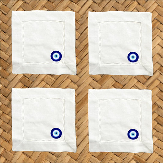 Evil Eye Linen Cocktail Napkins - Hemstitch Fabric, Set of 4