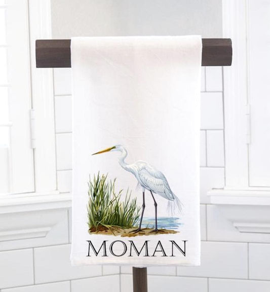 Personalized Custom Egret Flour Sack Tea Towel - Gift for Bird Lover - Tropical