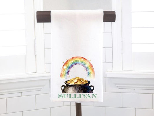 Rainbow Pot of Gold Flour Sack Tea Towel, St. Patrick's Day Hostess Gift