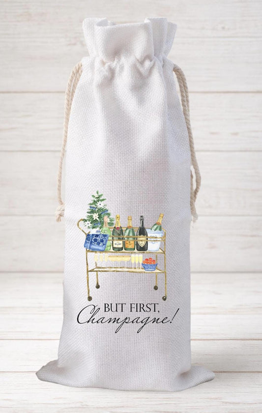 But First Champagne, Wine Bottle Gift Bag – Reusable Drawstring Canvas Bag