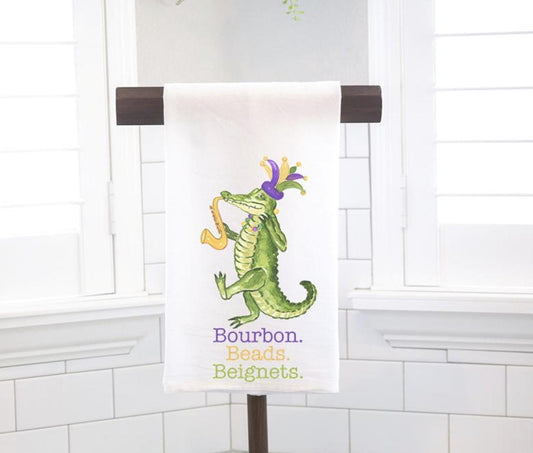 Mardi Gras Alligator Flour Sack Towel, Bourbon Beads Beignets