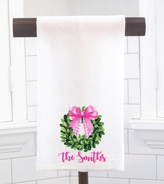 Personalized Wreath Christmas Flour Sack Tea Towel - Hostess Gift - Housewarming Gift