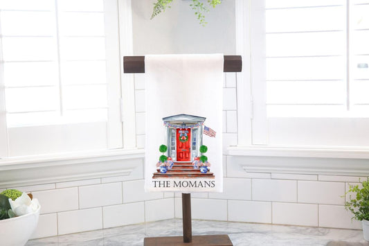 Personalized Patriotic Front Porch Flour Sack Tea Towel- Hostess Gift - Housewarming Gift - July 4th