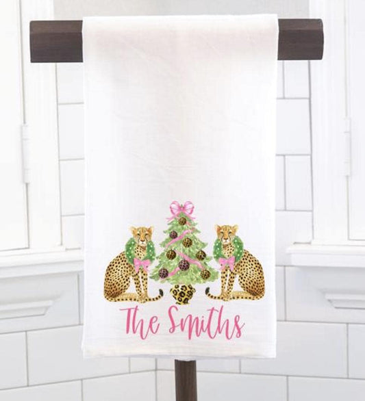 Personalized Cheetah Christmas Tree Flour Sack Tea Towel- Hostess Gift - Housewarming Gift