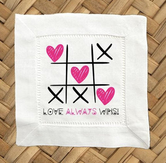 Love Wins Linen Cocktail Napkins - Hemstitch Fabric, Set of 4