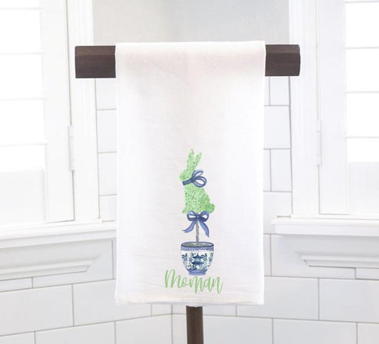 Personalized Blue Chinoiserie Easter Bunny Topiary Tea Towel, Kitchen Towel