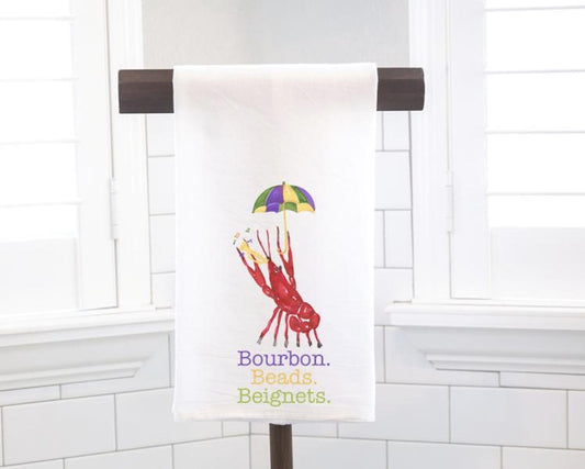 Mardi Gras Crawfish Flour Sack Towel, Bourbon Beads Beignets