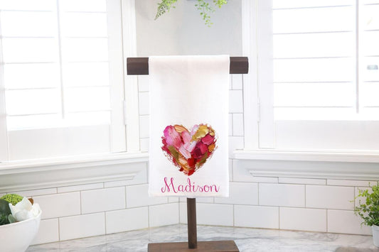 Personalized Painted Heart Flour Sack Tea Towel - Hostess Gift - Housewarming Gift - Valentine's Day - Love